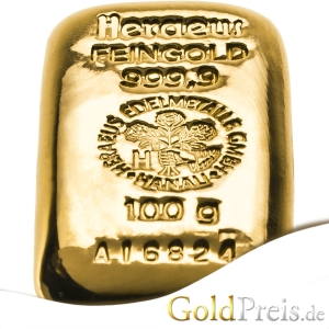 Goldbarren Heraeus, 100 Gramm