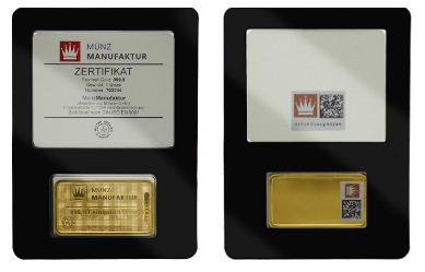 Goldbarren mit Edelmetall-Protect-Authentifizierungssystem